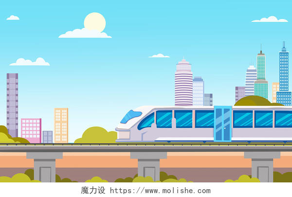 手绘扁平风高铁行驶在高架桥上穿梭城市插画